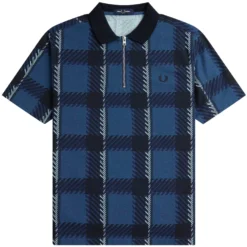 Fred Perry Glitch Tartan Zip Neck Polo Shirt - Midnight Blue