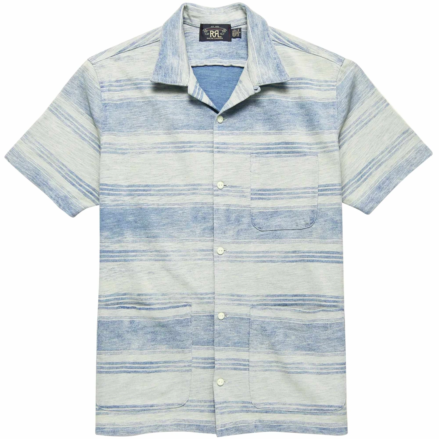 RRL By Ralph Lauren Striped Jersey Camp Shirt - Indigo/Cream 1 RRL By Ralph Lauren Striped Jersey Camp Shirt - Indigo/Cream